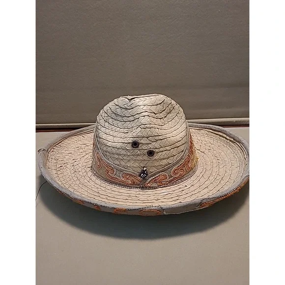 Vintage Straw Hat Woven With Design Embroidered Orange‎ Yellow Small 7" Opening - Picture 6 of 16